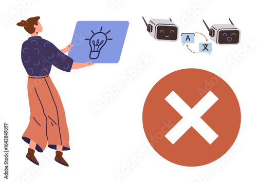 Woman holding idea board, two chatbot translations, red cross mark indicating error. Ideal for innovation, AI, translation, problem-solving, creativity user testing feedback. Simple flat metaphor