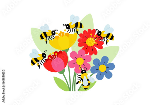 Bees buzzing around bouquet of colorful flowers in illustration. Suitable for nature, gardening, and springthemed designs.