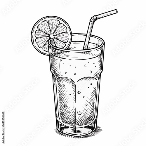 A hand-drawn sketch of a refreshing glass of lemonade with a straw and a citrus slice garnish.