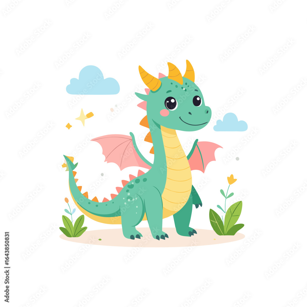 Fototapeta premium Adorable green dragon with pink wings and playful expression, surrounded by clouds and flowers