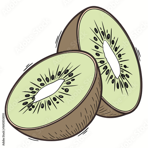 Illustration of two halved kiwis showing the distinctive textures and patterns