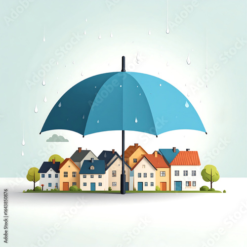 Cartoon illustration depicts houses sheltered by a large blue umbrella, with rain falling.