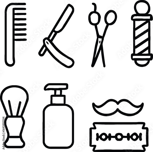Black and White Icon Set of Eight Barber and Grooming Tools Including Comb, Straight Razor, Scissors, Barber Pole, Shaving Brush, Pump Bottle, Mustache, and Razor Blade