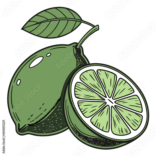 Hand Drawn Illustration of Two Green Limes, One Whole and One Half