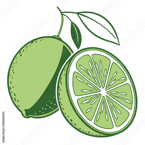 Freshly Cut Lime and Whole Lime with Green Leaves Illustration Art