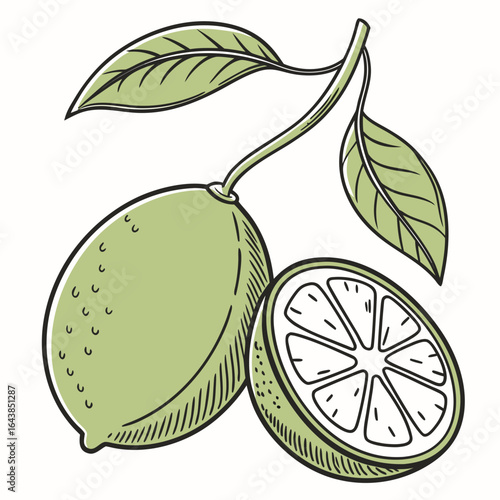 Hand drawn style illustration featuring whole and sliced key limes with leaves