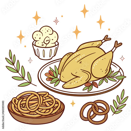 A festive hand drawn illustration of a roasted chicken with mashed potatoes and pretzels perfect for holiday celebrations
