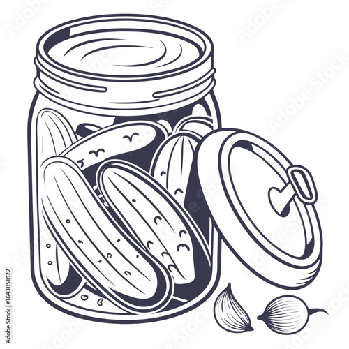 A jar of pickles with the lid off and two garlic cloves on the side