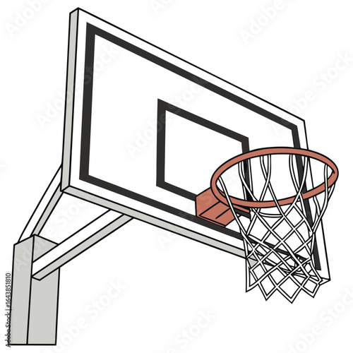 A simple illustration of a basketball hoop with a white backboard and orange rim and net