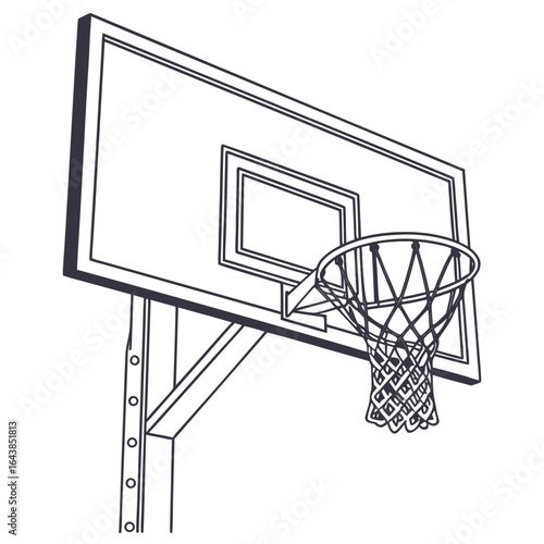A simple line drawing of a basketball hoop and backboard against a white background