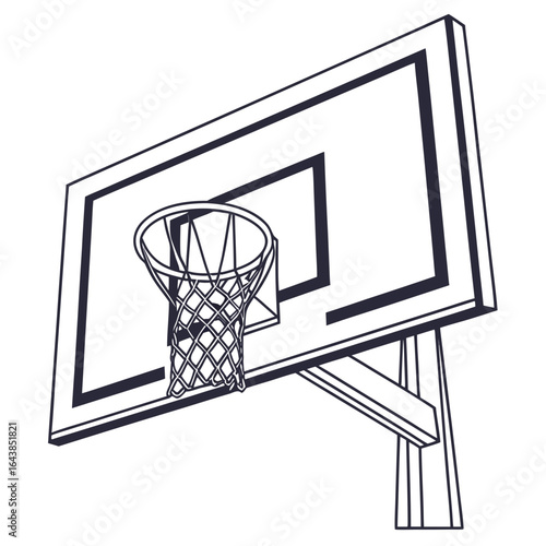 A simple line drawing of a basketball hoop and backboard with a net on a white background