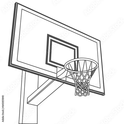 A simple outline drawing of a basketball hoop and backboard viewed from a low angle on a white background
