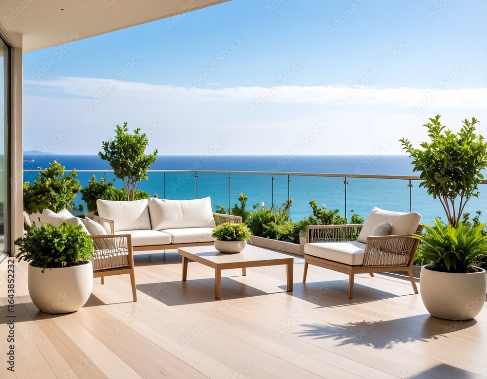Fototapeta premium Terraza moderna con baranda de cristal, muebles blancos minimalistas