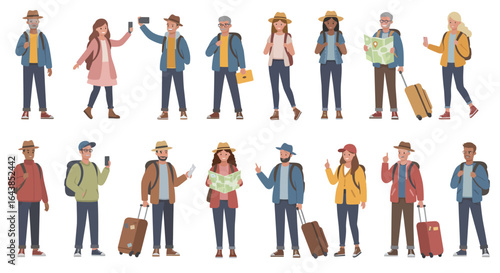 Diverse group of tourists with backpacks and maps on a travel adventure