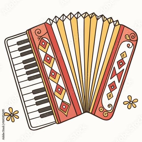 Colorful accordion with decorative patterns and small flowers isolated on white background