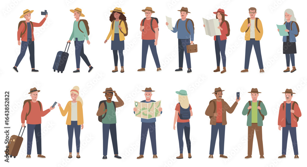 Diverse group of tourists in various poses wearing hats and carrying maps Diverse group of tourists in various poses wearing hats and carrying maps