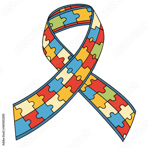 Colorful puzzle piece ribbon symbolizing autism awareness and support on a white background