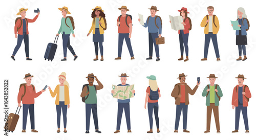 Diverse group of tourists in various poses wearing hats and carrying maps