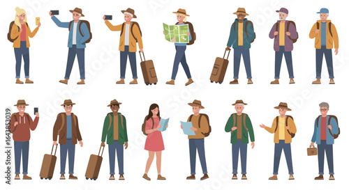 Diverse group of tourists with luggage and maps in a seamless pattern