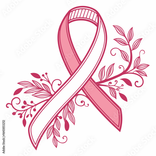 Elegant pink ribbon adorned with delicate floral branches symbolizing breast cancer awareness and support