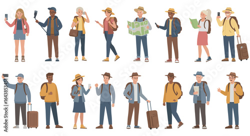 Diverse group of tourists wearing hats and backpacks on vacation trip
