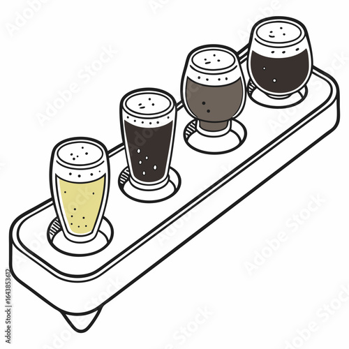 Hand drawn illustration of a beer flight with four different types of beer on a wooden paddle