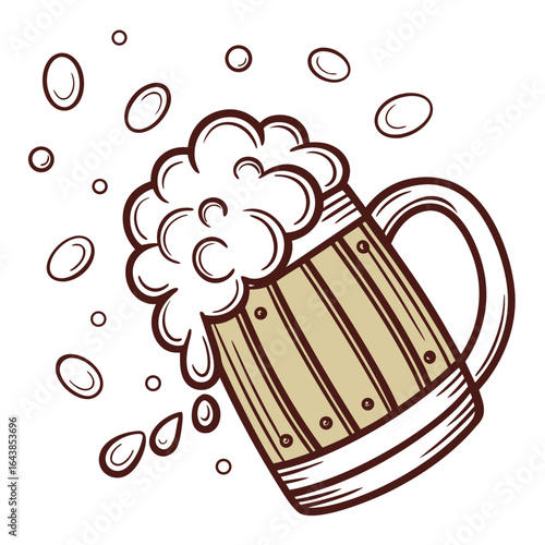 Hand drawn illustration of a frothy beer mug with bubbles and splashes against a white background