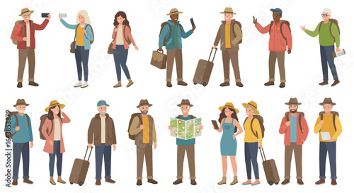 Diverse group of tourists travelers and vacationers with luggage and maps