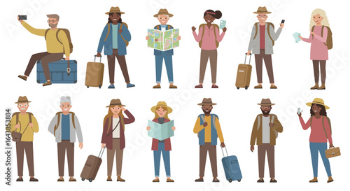Diverse group of travelers with luggage and maps on white background