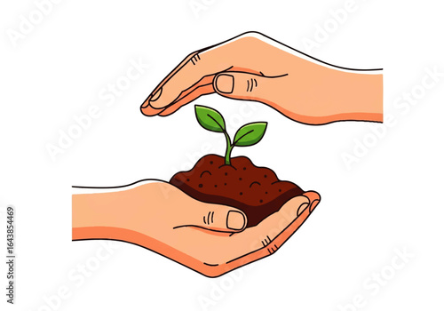 Hands cradling sprouting plant suitable for environmental, growth, nurturing themes, gardening concept, sustainable development campaigns, earth day visuals.