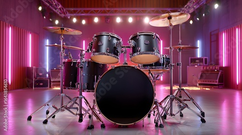 Drum Kit Set Up in a Colorful Rehearsal Studio with Neon Lights and Professional Equipment