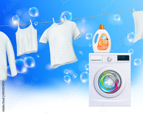 Clean washed laundry hanging on clothesline. Washing powder in bottle on washing machine. Vector illustration