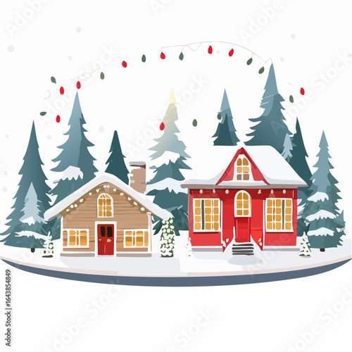 Wallpaper Mural Festive Winter Village Scene Featuring Two Cozy SnowCovered Houses Torontodigital.ca