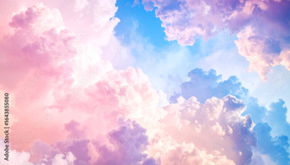 Fototapeta premium Soft pastel nebula with dreamy pink, lavender, and baby blue clouds, blending into a calming cosmic scene with gentle, surreal atmosphere, clouds in the sky