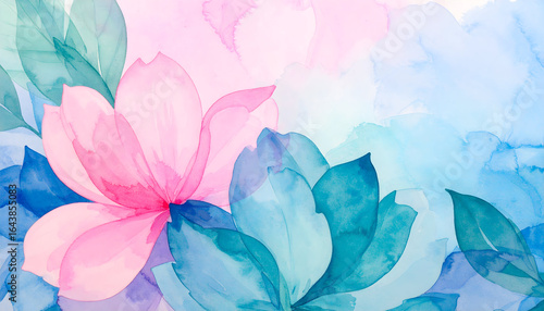Soft Watercolor Illustration of Pink and Blue Flowers with Green Leaves on Pastel Background