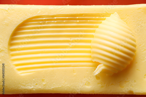 Close-up of a butter stick with textured ridges and a single decorative curl, vibrant yellow against red background, capturing the smooth creamy texture and rich color. Concept of butter consumption, 