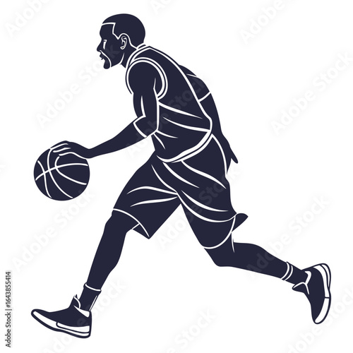 Silhouette of a basketball player dribbling the ball while running on a white background