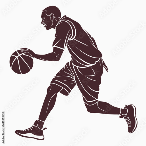 Silhouette of a basketball player dribbling the ball with intensity and focus during a game