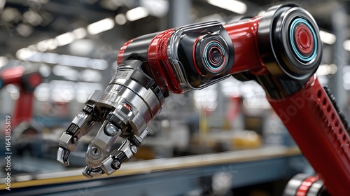 Close-Up of a Precision Robotic Arm in a Bright Industrial Manufacturing Environment