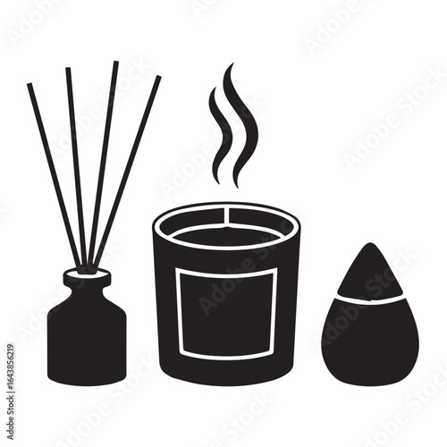 Vector art of a set of aroma diffuser with reeds, a burning scented candle, and a decorative object, symbolizing relaxation and home comfort isolated on white background