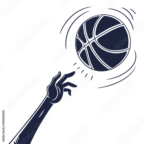 Stylized dark blue illustration of a hand reaching for a basketball in motion against a white background