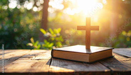 Holy Bible with wooden cross resting on rustic wooden desk, bathed in golden sunlight, symbolizing faith, hope, spirituality, inspiration, and divine presence in peaceful natural setting