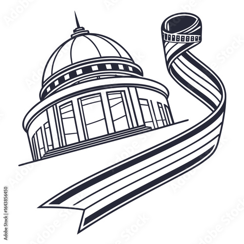 Stylized line art of a domed government building with a flowing ribbon in dark blue on white
