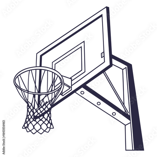 Stylized line art illustration of a basketball hoop and backboard on a white background