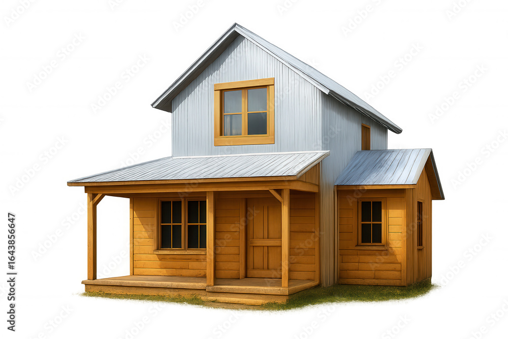 Wooden miniature house model featuring metal roofing, isolated on transparent surface, suitable for architectural rendering and design presentations Wooden miniature house model featuring metal roofing, isolated on transparent surface, suitable for architectural rendering and design presentations