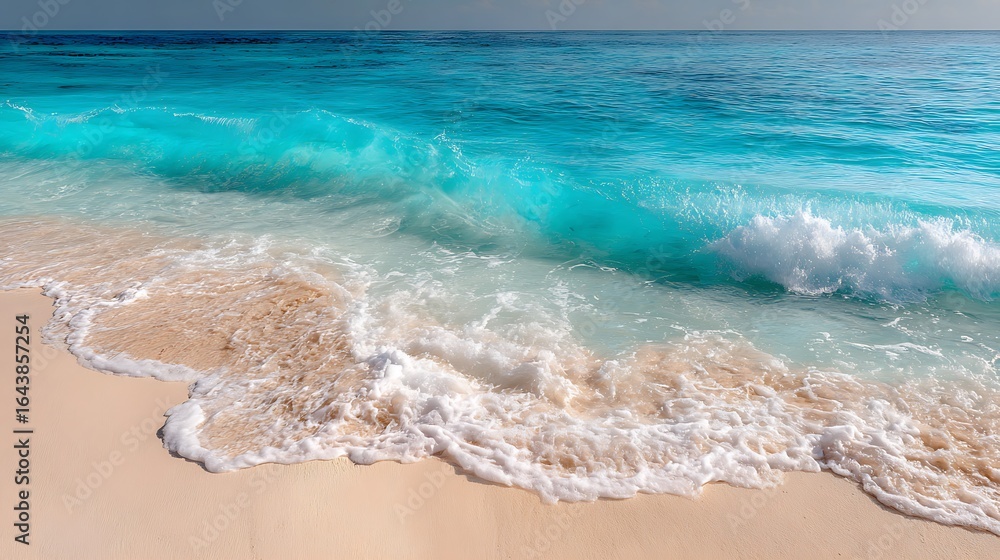 Obraz premium Crystal clear turquoise wave rolling onto a pristine white sand beach