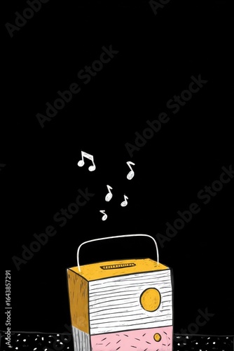 Retro Radio With Musical Notes Poster. Vintage Music Vibe And Minimalist Decor. Ideal Design for Banner, Social Media, Wallpaper, Brochure, Cover or Flyer