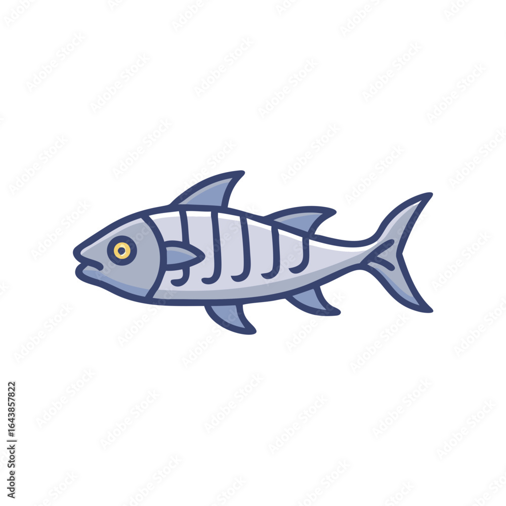 Naklejka premium Cartoon fish skeleton illustration with blue outline and black background