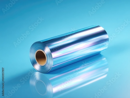 Iridescent metallic film roll on a reflective blue surface, showing subtle rainbow sheen and a cardboard core