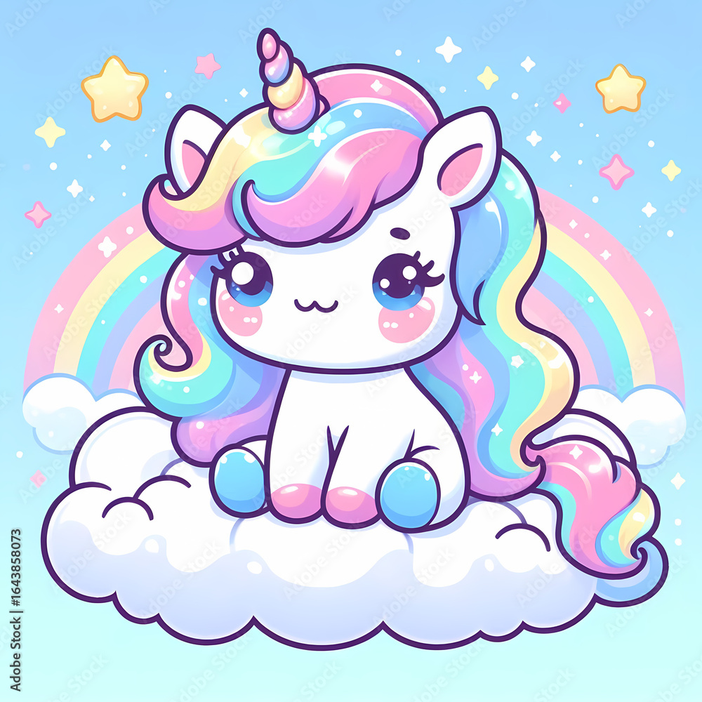 Fototapeta premium Kawaii Unicorn with Rainbow Mane